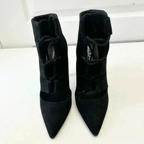 Aldo Eraede Lace Up Stiletto Ankle Boots Cut Out Black Suede 7.5 - Picture 6 of 16